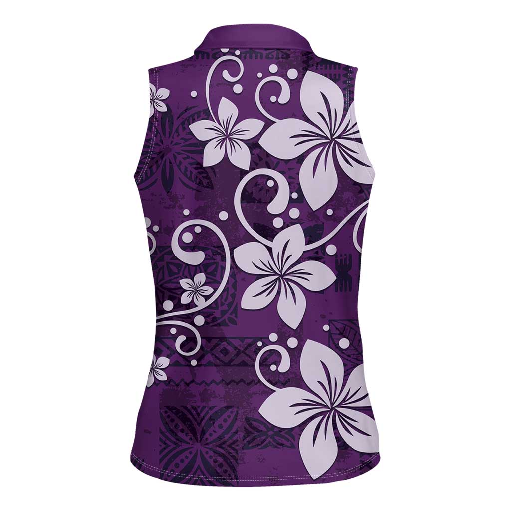 Plumeria Floral Tapa Pattern Amethyst Purple Women Sleeveless Polo Shirt