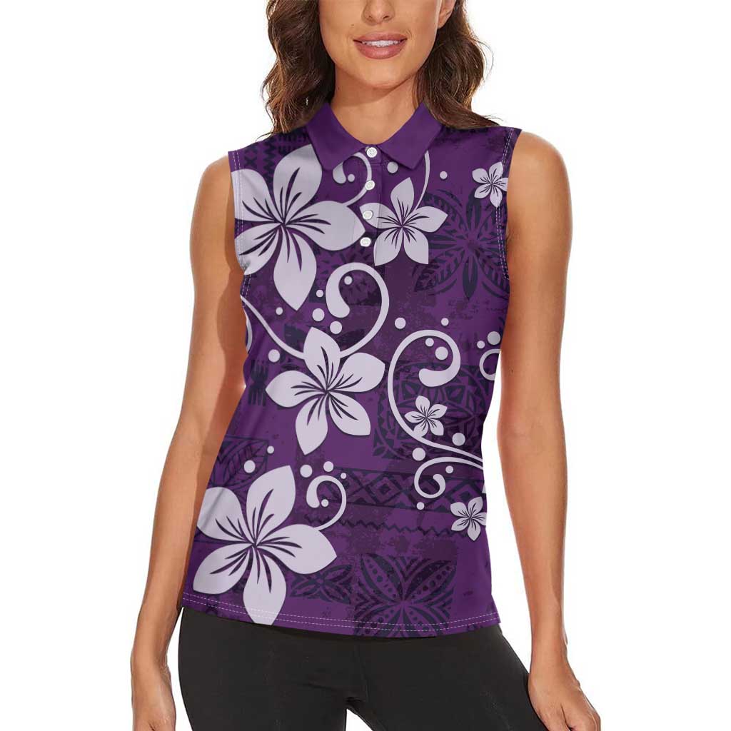 Plumeria Floral Tapa Pattern Amethyst Purple Women Sleeveless Polo Shirt