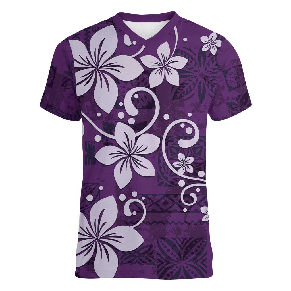 Plumeria Floral Tapa Pattern Amethyst Purple Women V-Neck T-Shirt