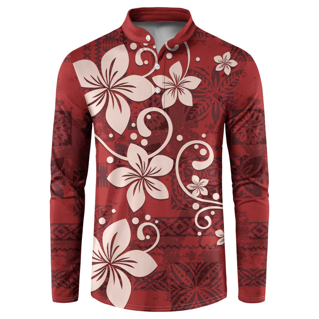 Plumeria Floral Tapa Pattern Oxblood Red Button Sweatshirt