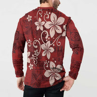 Plumeria Floral Tapa Pattern Oxblood Red Button Sweatshirt