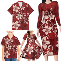 Plumeria Floral Tapa Pattern Oxblood Red Family Matching Long Sleeve Bodycon Dress and Hawaiian Shirt LT01 - Polynesian Pride