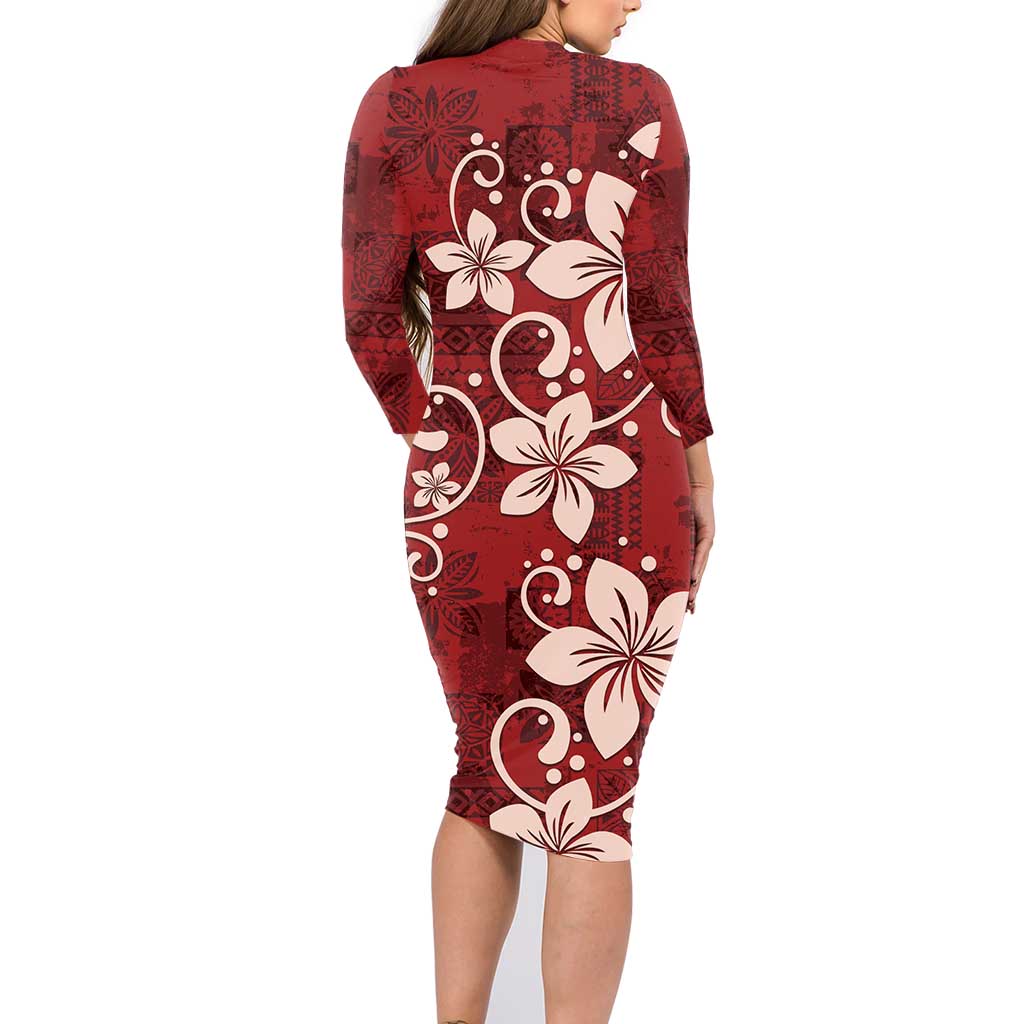Plumeria Floral Tapa Pattern Oxblood Red Family Matching Long Sleeve Bodycon Dress and Hawaiian Shirt LT01 - Polynesian Pride