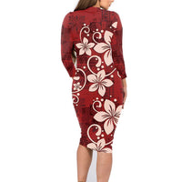 Plumeria Floral Tapa Pattern Oxblood Red Family Matching Long Sleeve Bodycon Dress and Hawaiian Shirt LT01 - Polynesian Pride