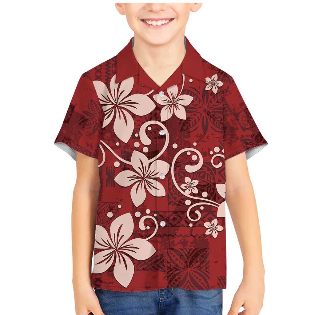 Plumeria Floral Tapa Pattern Oxblood Red Family Matching Mermaid Dress and Hawaiian Shirt LT01 Son's Shirt Red - Polynesian Pride