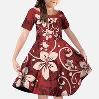 Plumeria Floral Tapa Pattern Oxblood Red Family Matching Off The Shoulder Long Sleeve Dress and Hawaiian Shirt LT01 Daughter's Dress Red - Polynesian Pride