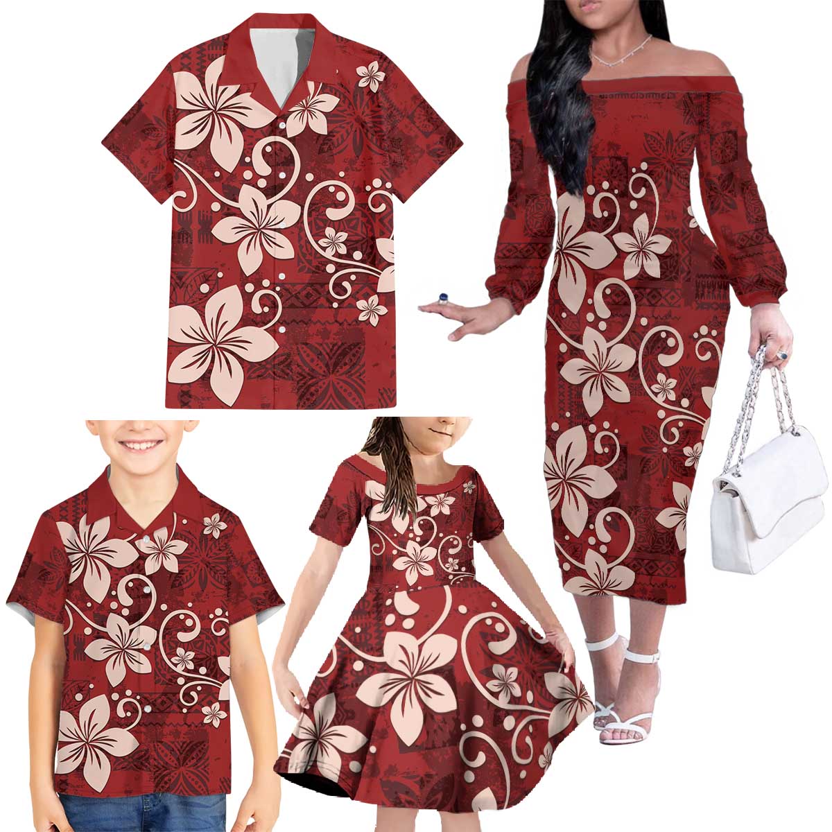 Plumeria Floral Tapa Pattern Oxblood Red Family Matching Off The Shoulder Long Sleeve Dress and Hawaiian Shirt LT01 - Polynesian Pride