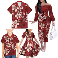 Plumeria Floral Tapa Pattern Oxblood Red Family Matching Off The Shoulder Long Sleeve Dress and Hawaiian Shirt LT01 - Polynesian Pride
