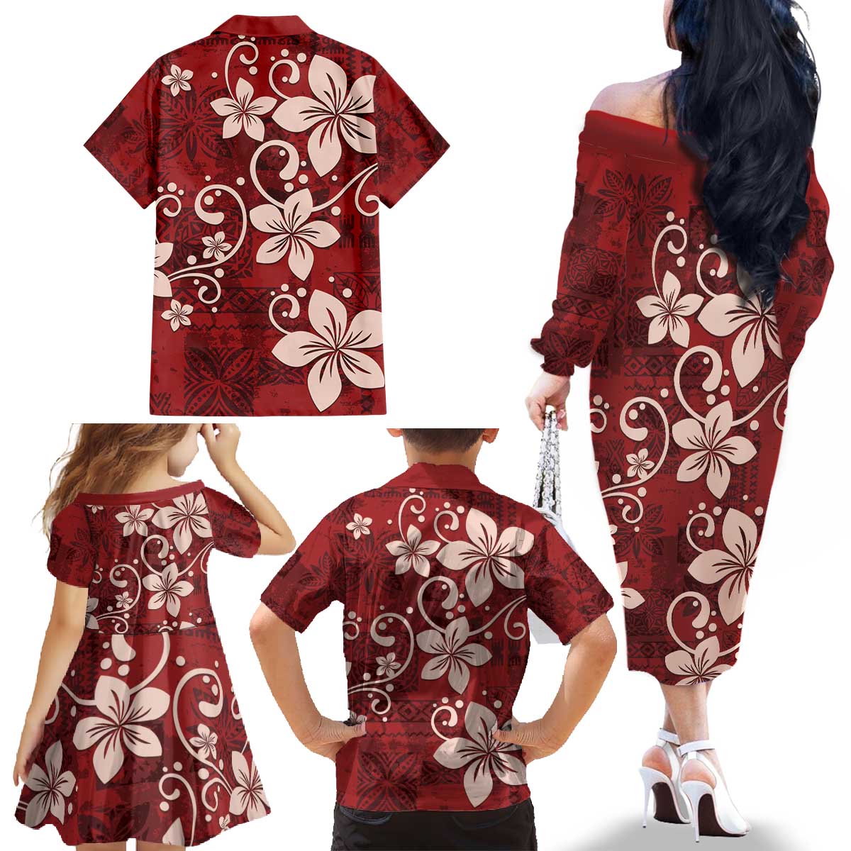Plumeria Floral Tapa Pattern Oxblood Red Family Matching Off The Shoulder Long Sleeve Dress and Hawaiian Shirt LT01 - Polynesian Pride