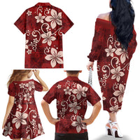 Plumeria Floral Tapa Pattern Oxblood Red Family Matching Off The Shoulder Long Sleeve Dress and Hawaiian Shirt LT01 - Polynesian Pride