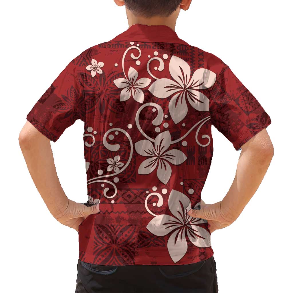Plumeria Floral Tapa Pattern Oxblood Red Family Matching Off Shoulder Maxi Dress and Hawaiian Shirt LT01 - Polynesian Pride