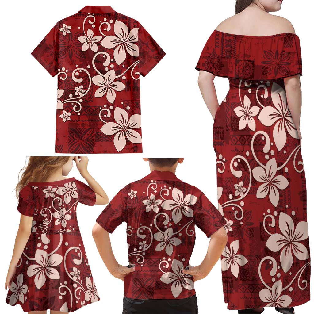 Plumeria Floral Tapa Pattern Oxblood Red Family Matching Off Shoulder Maxi Dress and Hawaiian Shirt LT01 - Polynesian Pride