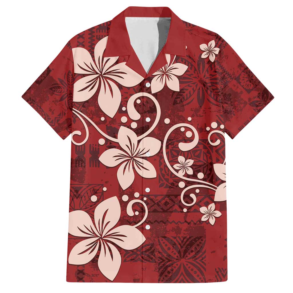 Plumeria Floral Tapa Pattern Oxblood Red Family Matching Off Shoulder Maxi Dress and Hawaiian Shirt LT01 Dad's Shirt - Short Sleeve Red - Polynesian Pride