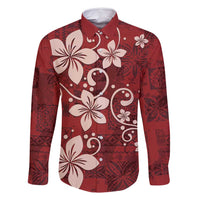Plumeria Floral Tapa Pattern Oxblood Red Family Matching Off Shoulder Maxi Dress and Hawaiian Shirt LT01 Dad's Shirt - Long Sleeve Red - Polynesian Pride