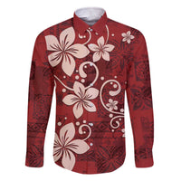 Plumeria Floral Tapa Pattern Oxblood Red Family Matching Off Shoulder Short Dress and Hawaiian Shirt LT01 Dad's Shirt - Long Sleeve Red - Polynesian Pride