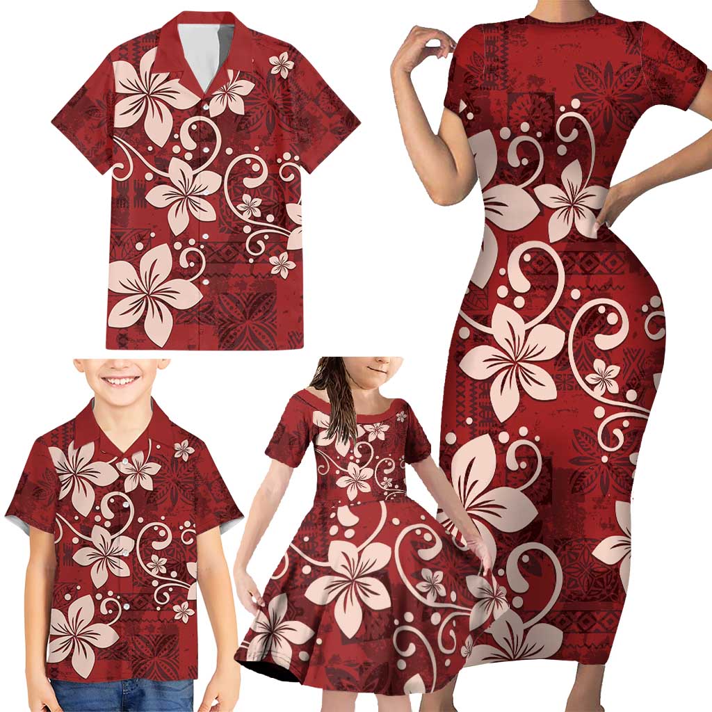 Plumeria Floral Tapa Pattern Oxblood Red Family Matching Short Sleeve Bodycon Dress and Hawaiian Shirt LT01 - Polynesian Pride
