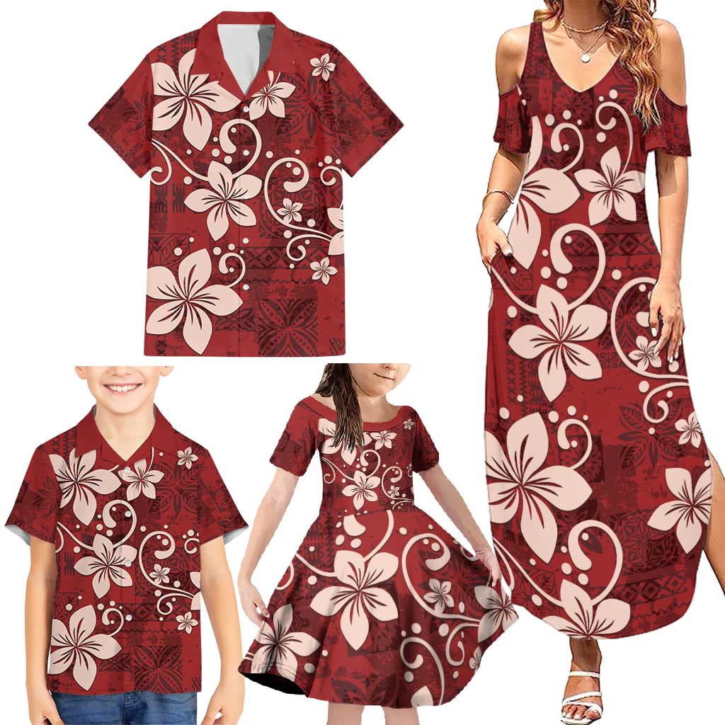 Plumeria Floral Tapa Pattern Oxblood Red Family Matching Summer Maxi Dress and Hawaiian Shirt LT01 - Polynesian Pride