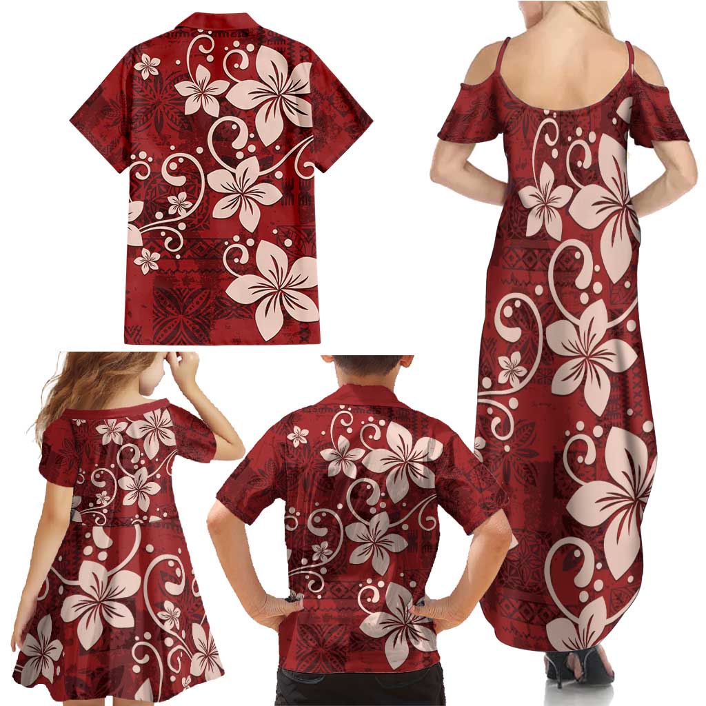 Plumeria Floral Tapa Pattern Oxblood Red Family Matching Summer Maxi Dress and Hawaiian Shirt LT01 - Polynesian Pride