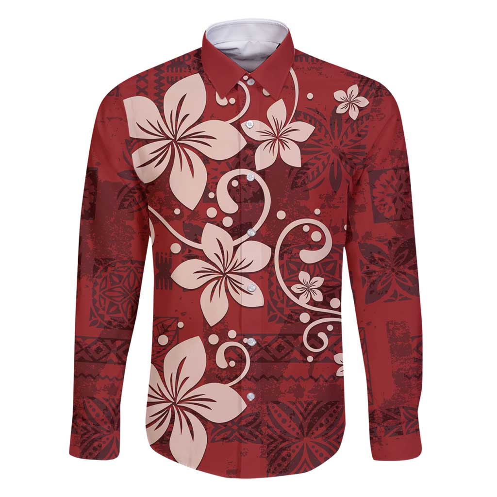 Plumeria Floral Tapa Pattern Oxblood Red Family Matching Summer Maxi Dress and Hawaiian Shirt LT01 Dad's Shirt - Long Sleeve Red - Polynesian Pride