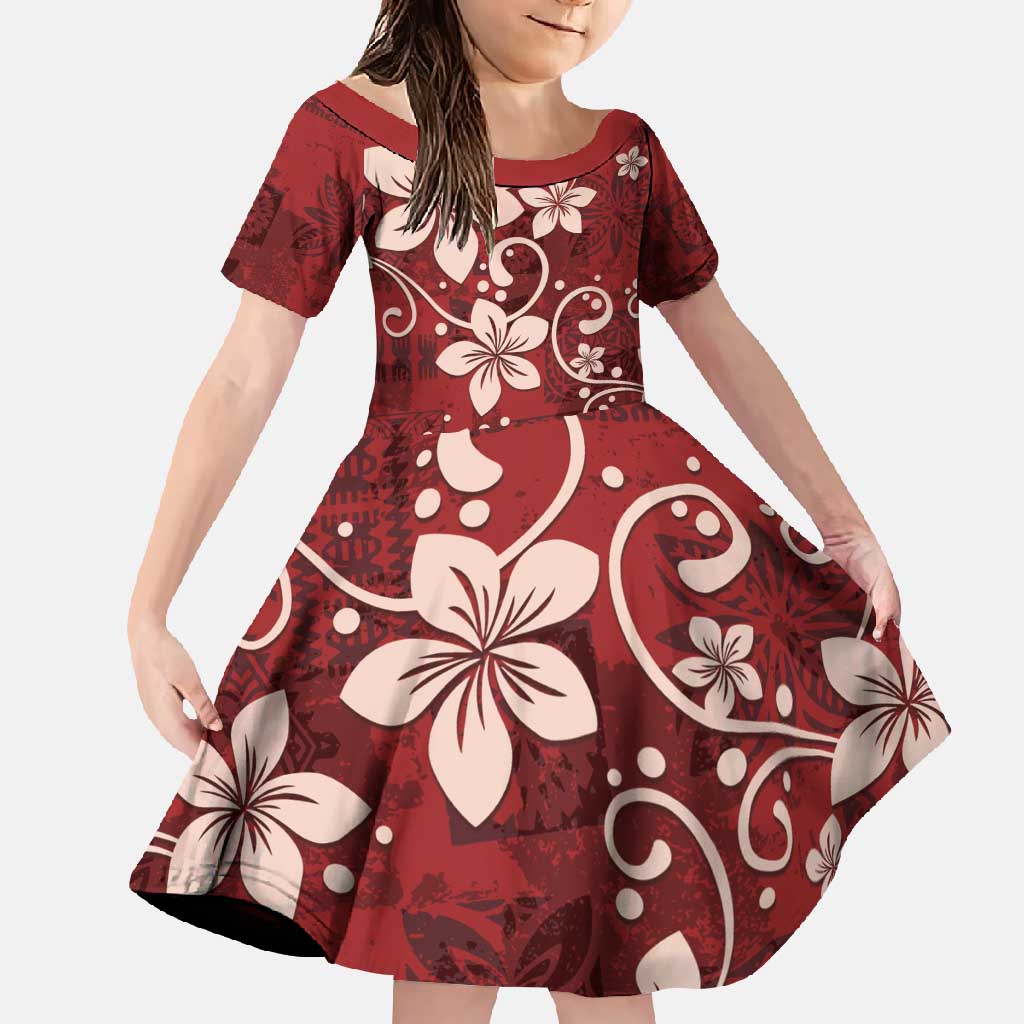 Plumeria Floral Tapa Pattern Oxblood Red Family Matching Tank Maxi Dress and Hawaiian Shirt LT01 Daughter's Dress Red - Polynesian Pride