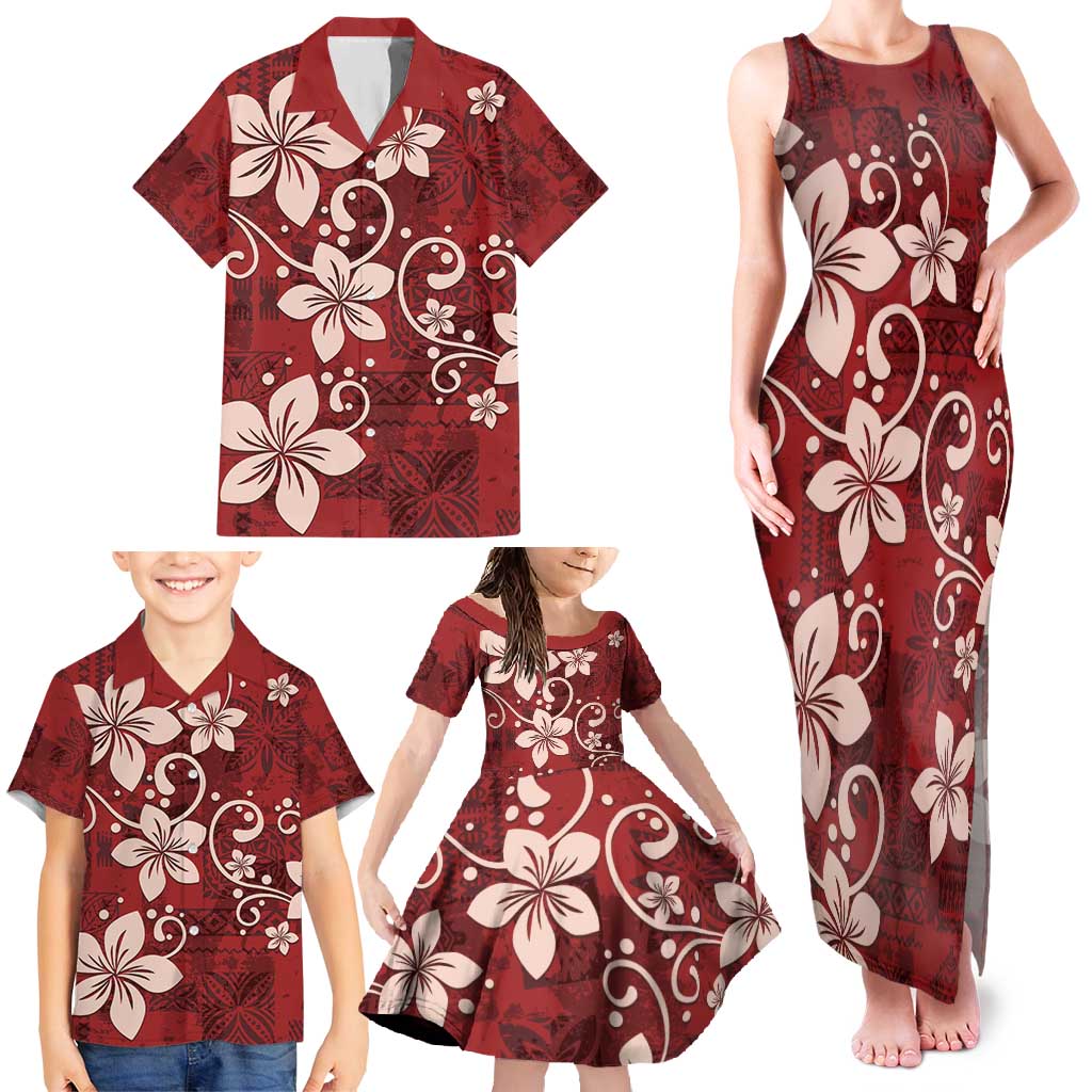 Plumeria Floral Tapa Pattern Oxblood Red Family Matching Tank Maxi Dress and Hawaiian Shirt LT01 - Polynesian Pride