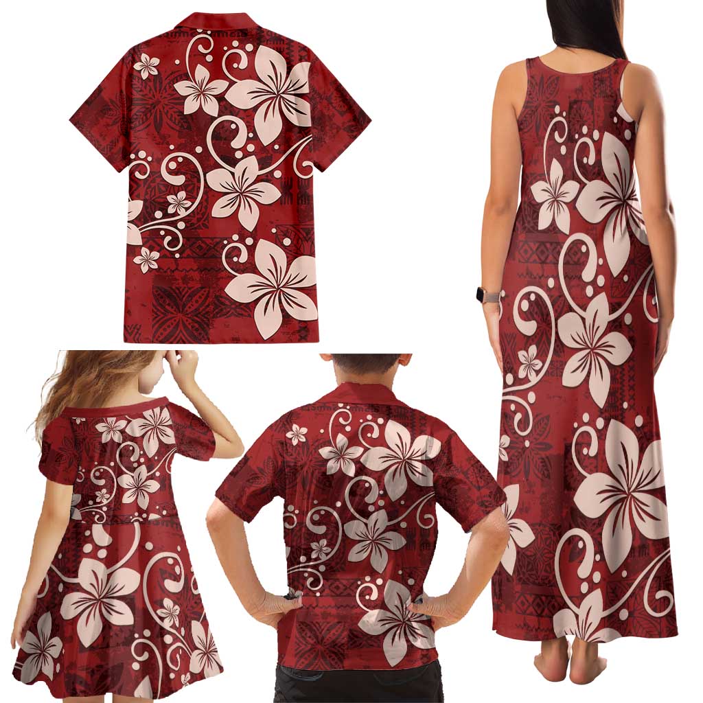 Plumeria Floral Tapa Pattern Oxblood Red Family Matching Tank Maxi Dress and Hawaiian Shirt LT01 - Polynesian Pride