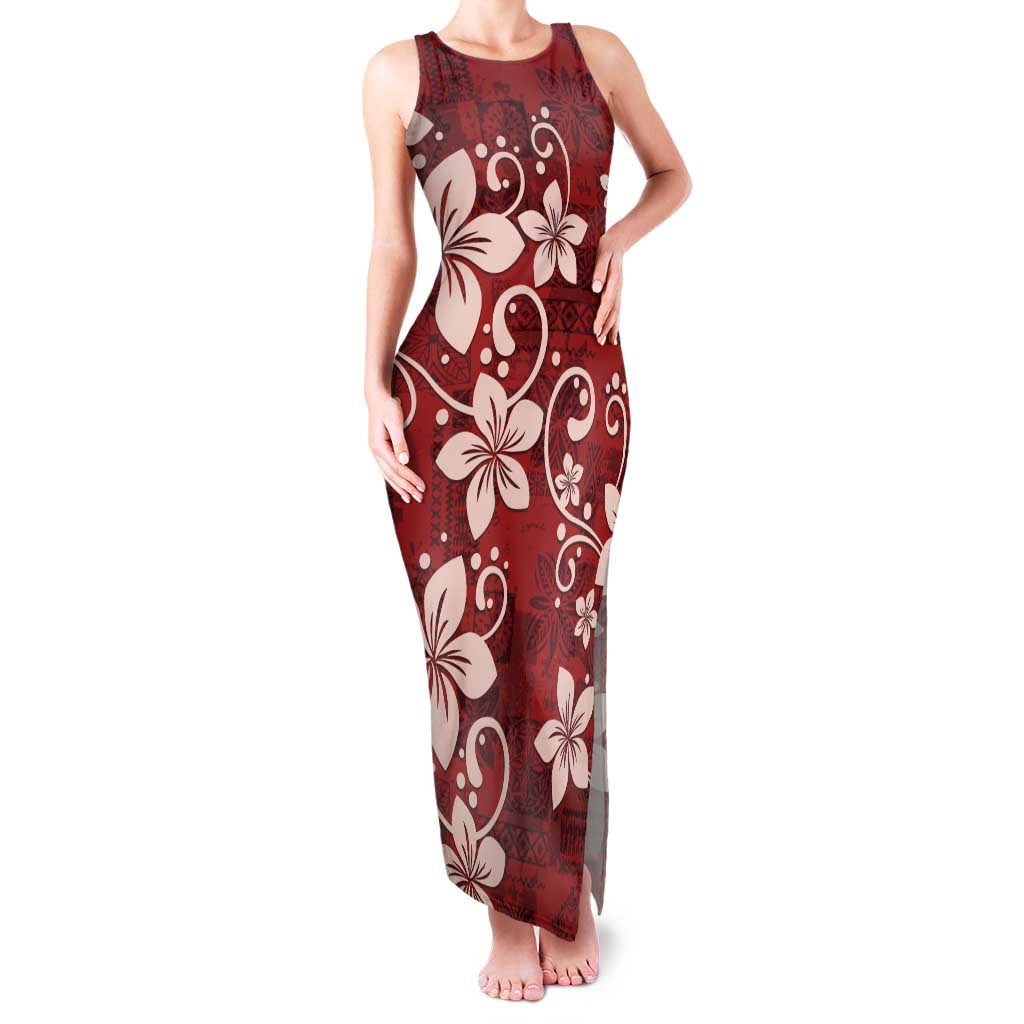 Plumeria Floral Tapa Pattern Oxblood Red Family Matching Tank Maxi Dress and Hawaiian Shirt LT01 Mom's Dress Red - Polynesian Pride