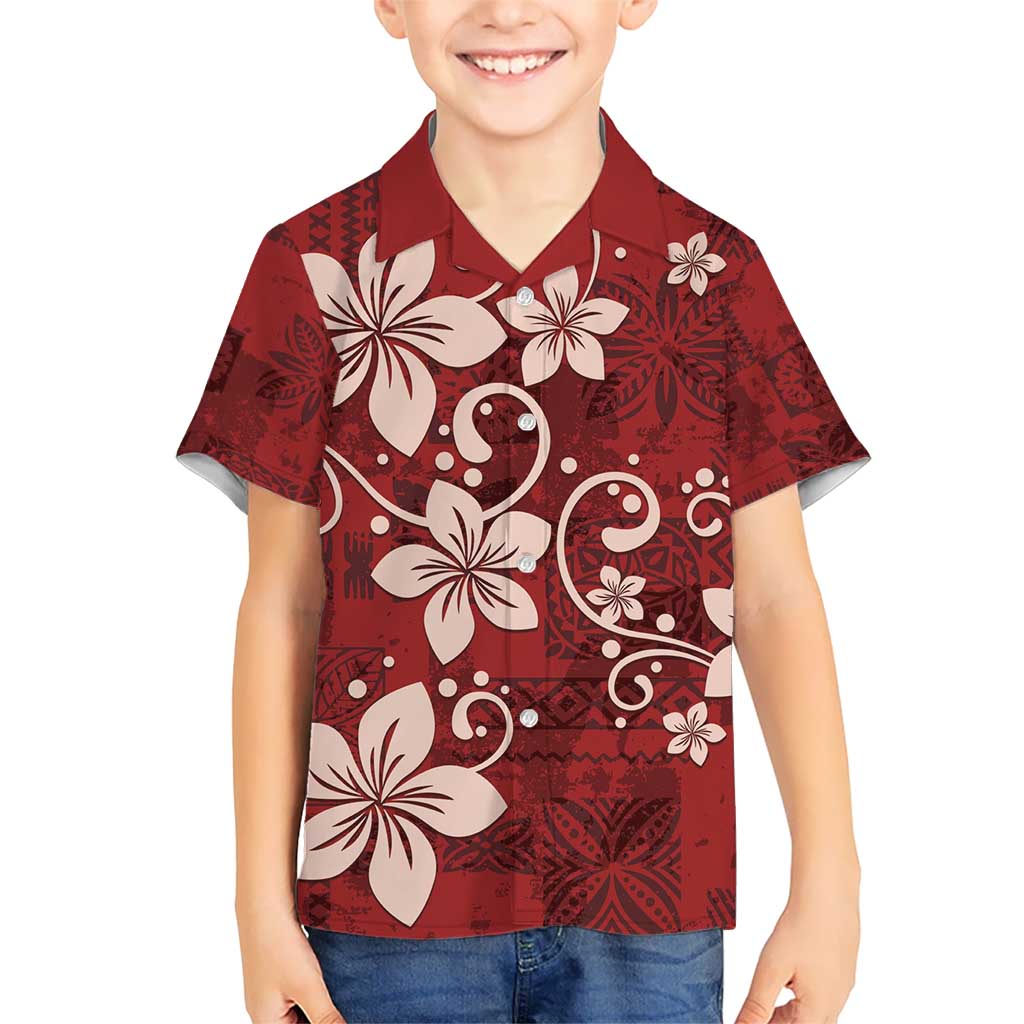 Plumeria Floral Tapa Pattern Oxblood Red Kid Hawaiian Shirt