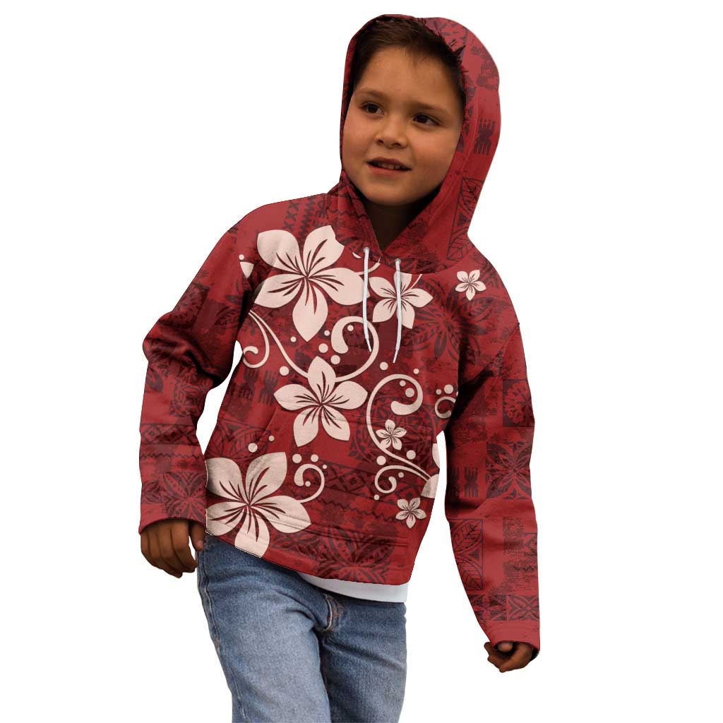 Plumeria Floral Tapa Pattern Oxblood Red Kid Hoodie