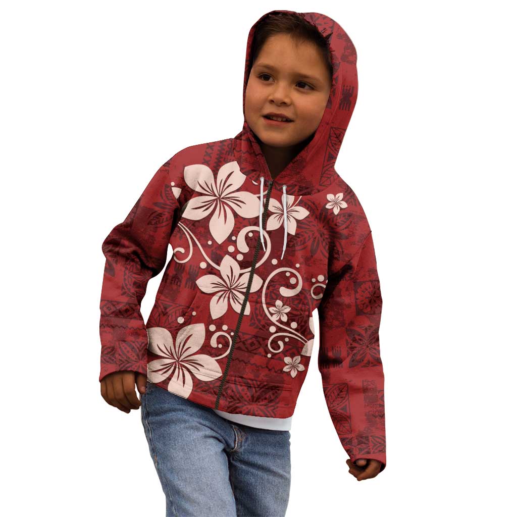 Plumeria Floral Tapa Pattern Oxblood Red Kid Hoodie