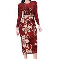 Plumeria Floral Tapa Pattern Oxblood Red Long Sleeve Bodycon Dress LT01 Long Dress Red - Polynesian Pride