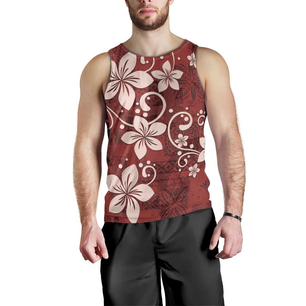 Plumeria Floral Tapa Pattern Oxblood Red Men Tank Top
