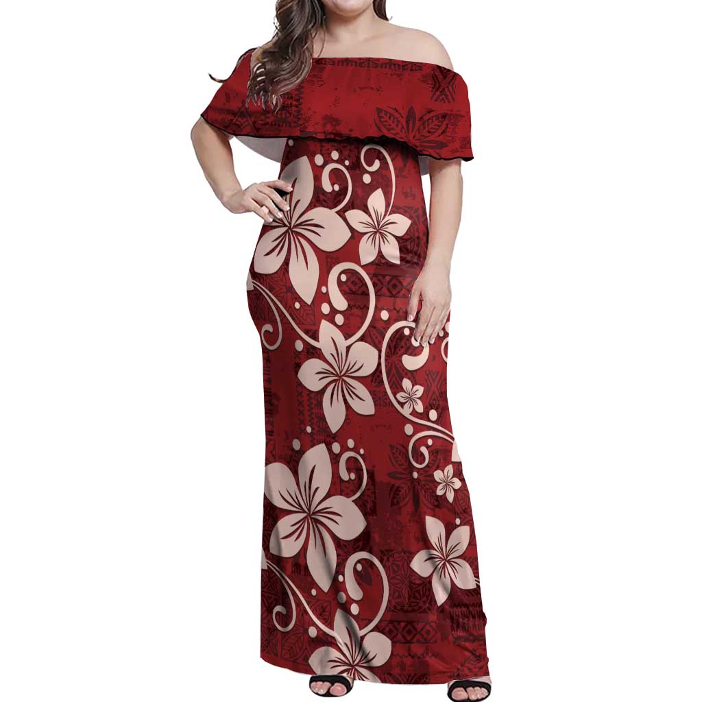 Plumeria Floral Tapa Pattern Oxblood Red Off Shoulder Maxi Dress