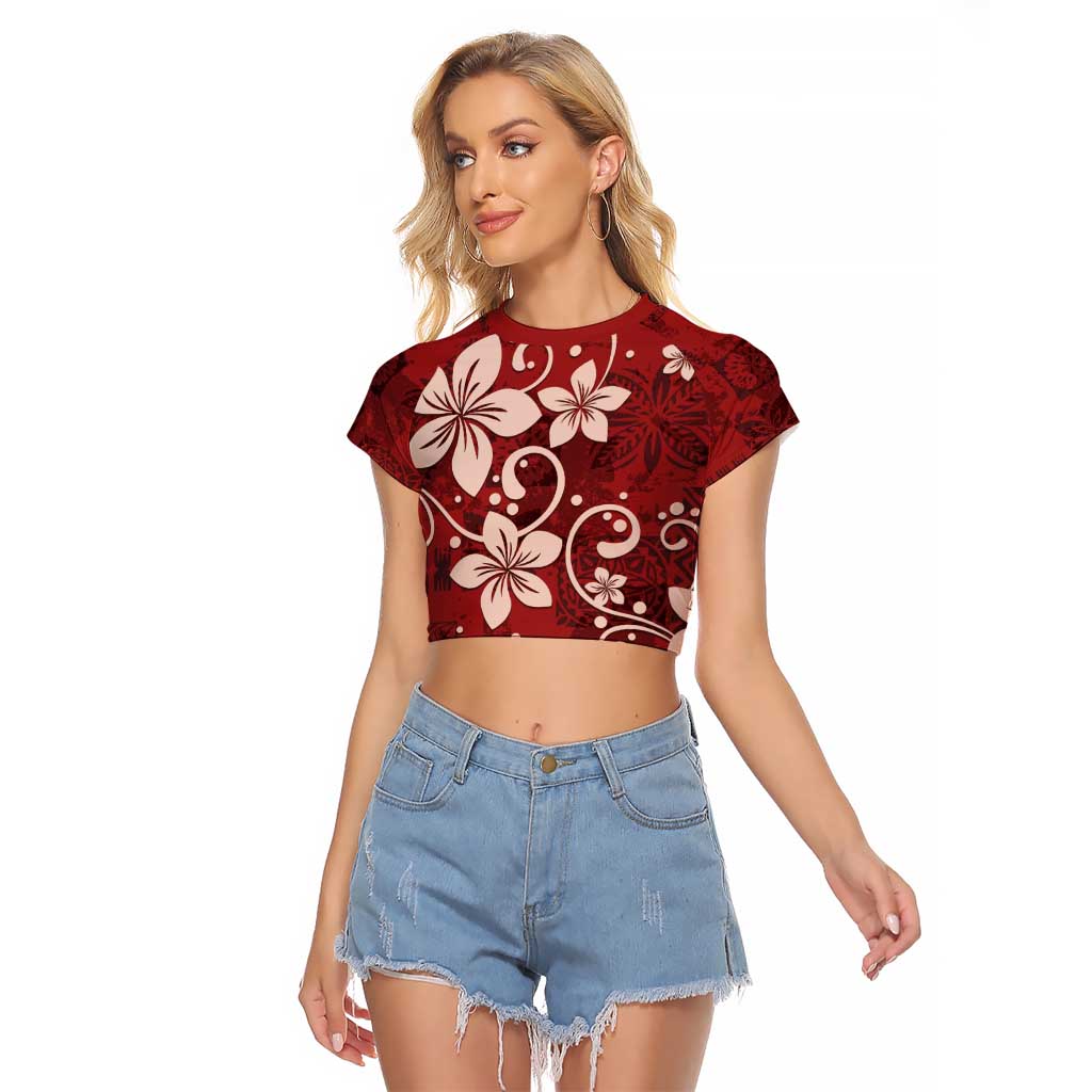 Plumeria Floral Tapa Pattern Oxblood Red Raglan Cropped T Shirt