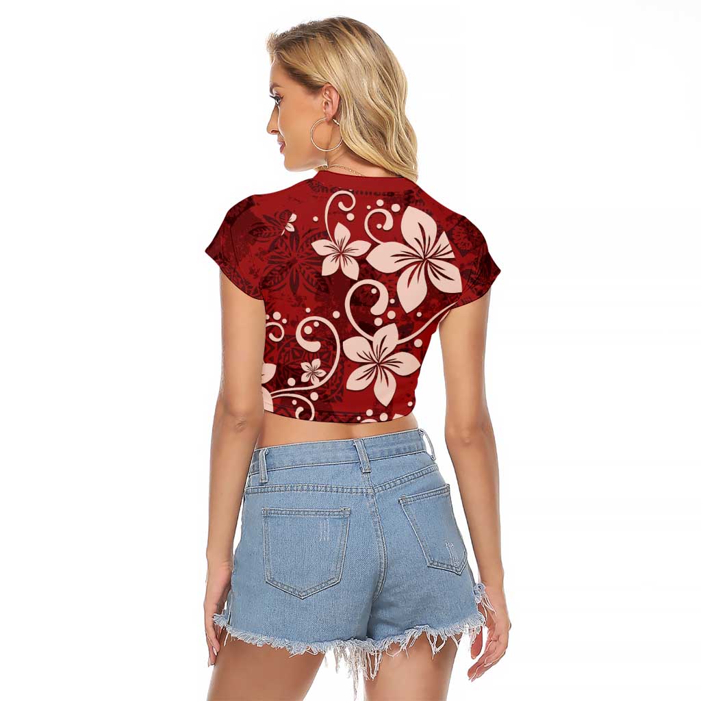 Plumeria Floral Tapa Pattern Oxblood Red Raglan Cropped T Shirt
