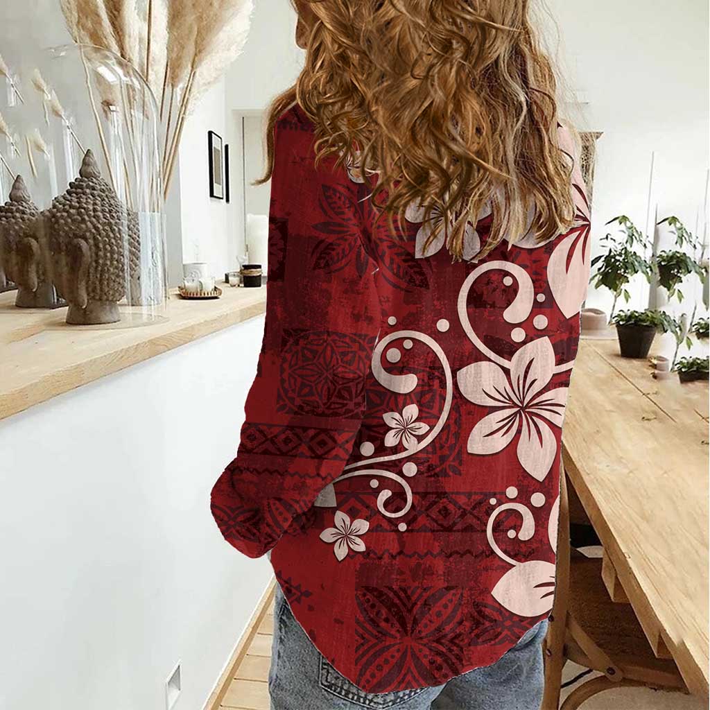 Plumeria Floral Tapa Pattern Oxblood Red Women Casual Shirt
