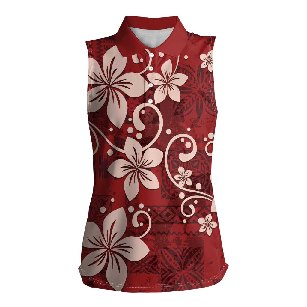 Plumeria Floral Tapa Pattern Oxblood Red Women Sleeveless Polo Shirt