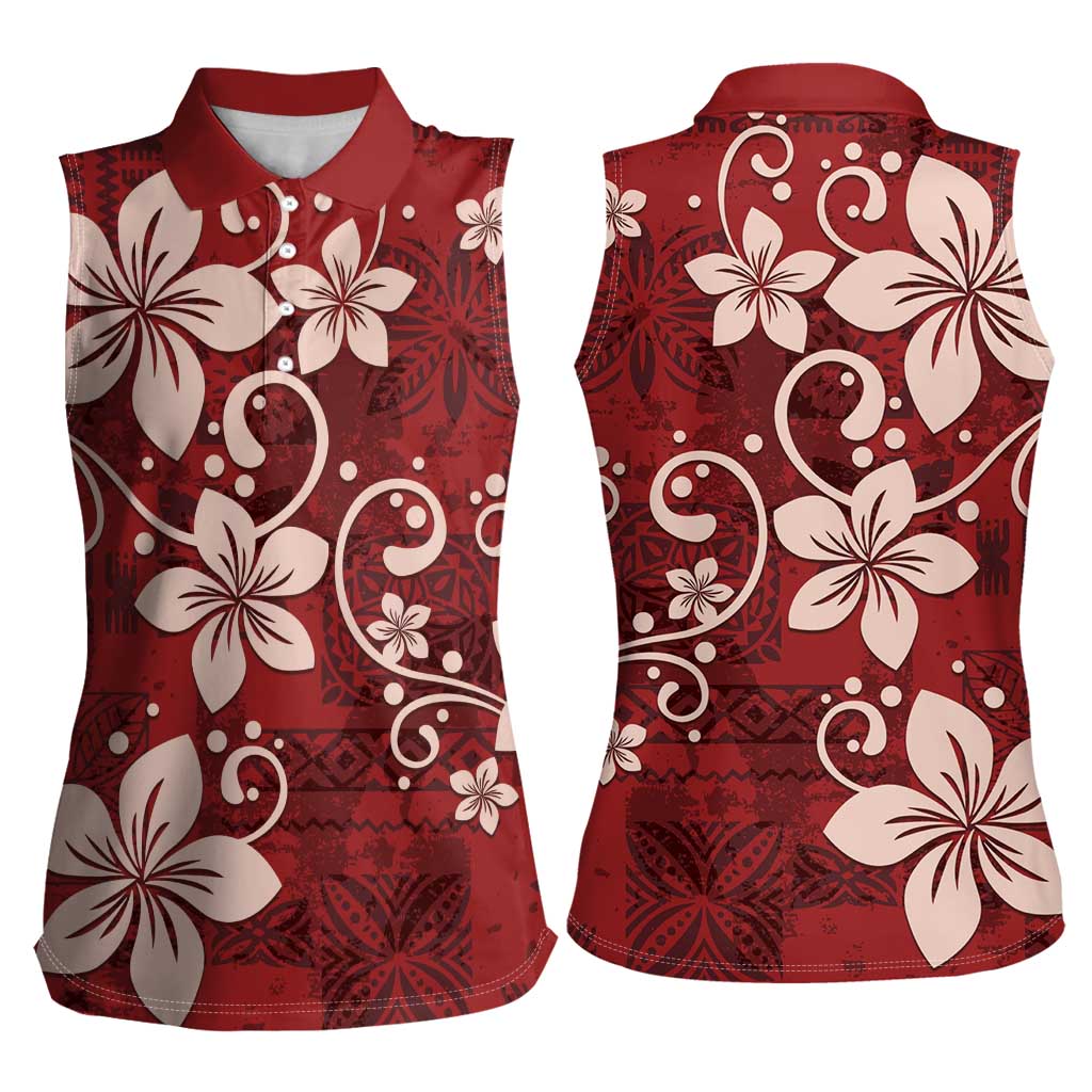 Plumeria Floral Tapa Pattern Oxblood Red Women Sleeveless Polo Shirt