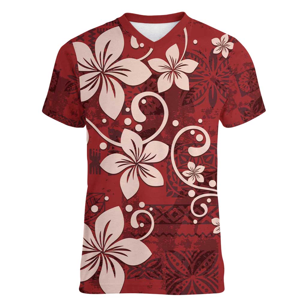 Plumeria Floral Tapa Pattern Oxblood Red Women V-Neck T-Shirt