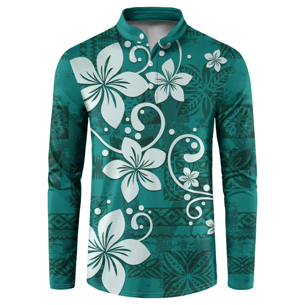 Plumeria Floral Tapa Pattern Crystal Teal Button Sweatshirt