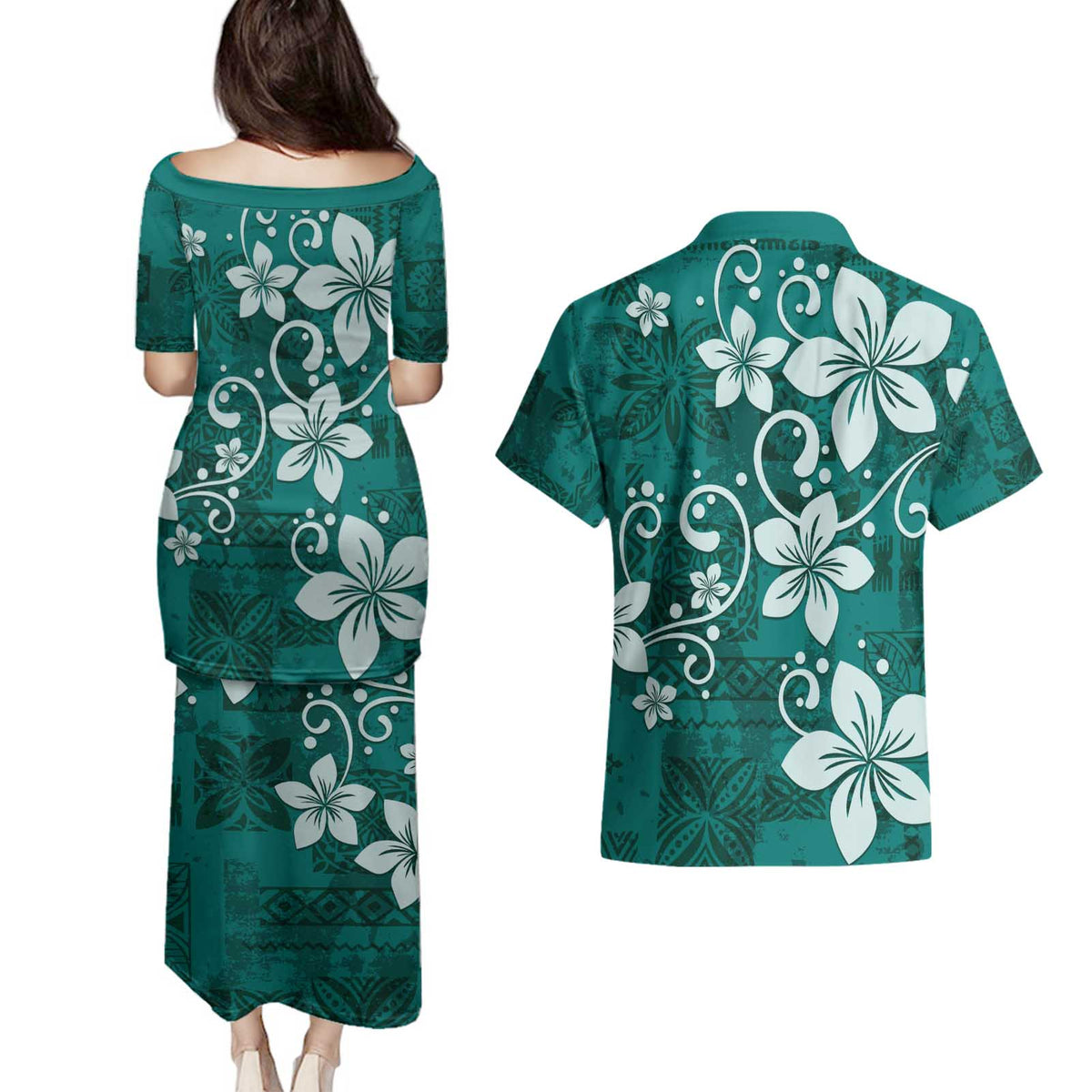 Plumeria Floral Tapa Pattern Crystal Teal Couples Matching Puletasi and Hawaiian Shirt