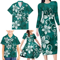 Plumeria Floral Tapa Pattern Crystal Teal Family Matching Long Sleeve Bodycon Dress and Hawaiian Shirt LT01 - Polynesian Pride