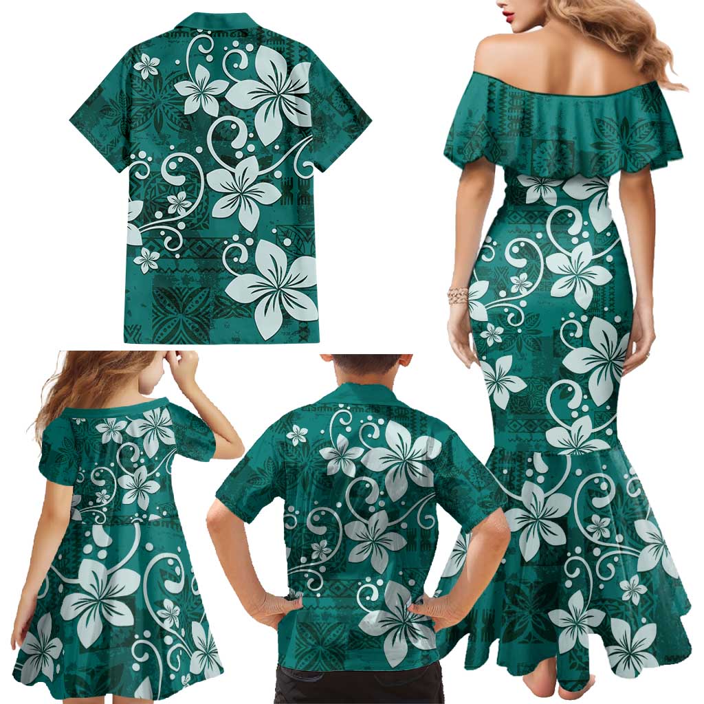 Plumeria Floral Tapa Pattern Crystal Teal Family Matching Mermaid Dress and Hawaiian Shirt LT01 - Polynesian Pride