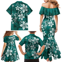Plumeria Floral Tapa Pattern Crystal Teal Family Matching Mermaid Dress and Hawaiian Shirt LT01 - Polynesian Pride