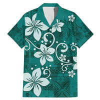 Plumeria Floral Tapa Pattern Crystal Teal Family Matching Mermaid Dress and Hawaiian Shirt LT01 Dad's Shirt - Short Sleeve Teal - Polynesian Pride
