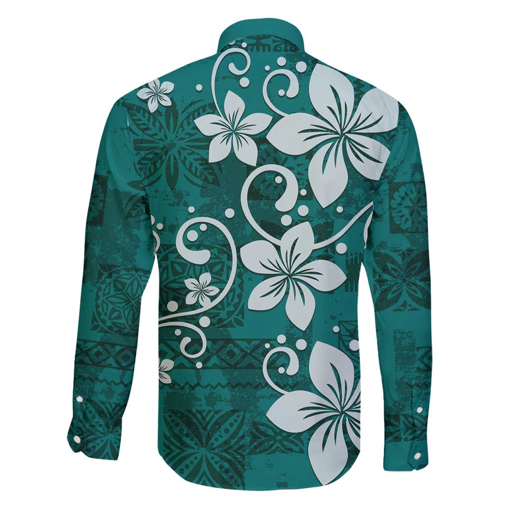 Plumeria Floral Tapa Pattern Crystal Teal Family Matching Mermaid Dress and Hawaiian Shirt LT01 - Polynesian Pride