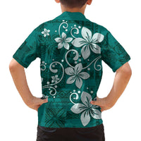 Plumeria Floral Tapa Pattern Crystal Teal Family Matching Off The Shoulder Long Sleeve Dress and Hawaiian Shirt LT01 - Polynesian Pride