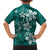 Plumeria Floral Tapa Pattern Crystal Teal Family Matching Off The Shoulder Long Sleeve Dress and Hawaiian Shirt