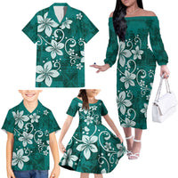 Plumeria Floral Tapa Pattern Crystal Teal Family Matching Off The Shoulder Long Sleeve Dress and Hawaiian Shirt LT01 - Polynesian Pride