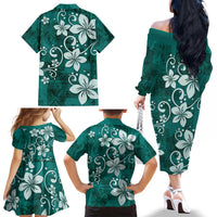 Plumeria Floral Tapa Pattern Crystal Teal Family Matching Off The Shoulder Long Sleeve Dress and Hawaiian Shirt LT01 - Polynesian Pride